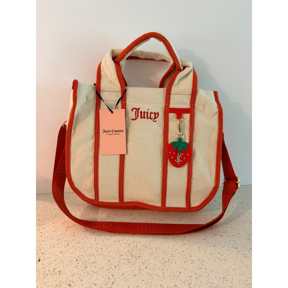 Juicy Couture Canvas Mini Tote Bag Red Cream Strawberry Charm Crossbody NEW